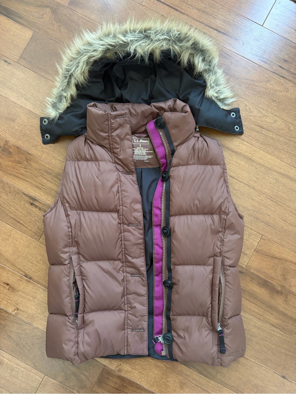 L.L. Bean Brown Quilted Puffer Vest with Faux Fur Hood